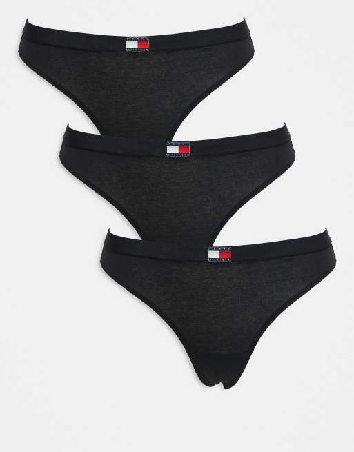Tommy Hilfiger – Zestaw 3 par czarnych stringów z logo z flagą
