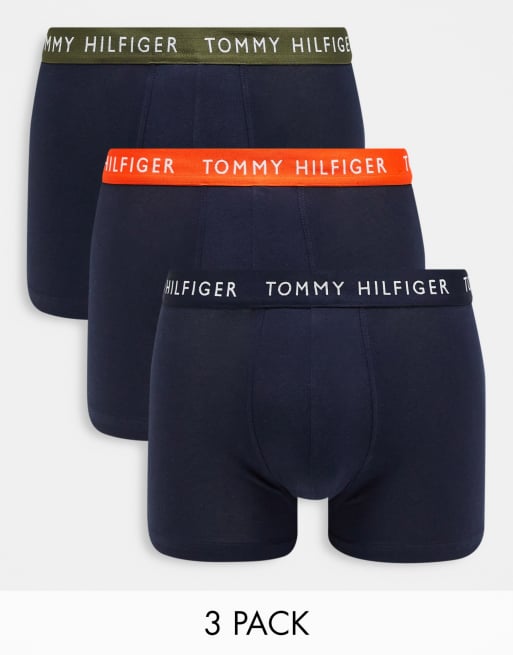 Tommy Hilfiger – Zestaw 3 par granatowych bokserek z taśmą w pasie w kolorach khaki, niebieskim i pomarańczowym