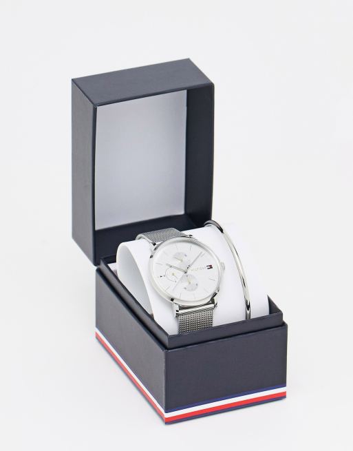 Tommy Hilfiger – Zestaw prezentowy dla kobiet w kolorze srebra: zegarek na siateczkowej bransolecie i bransoletka