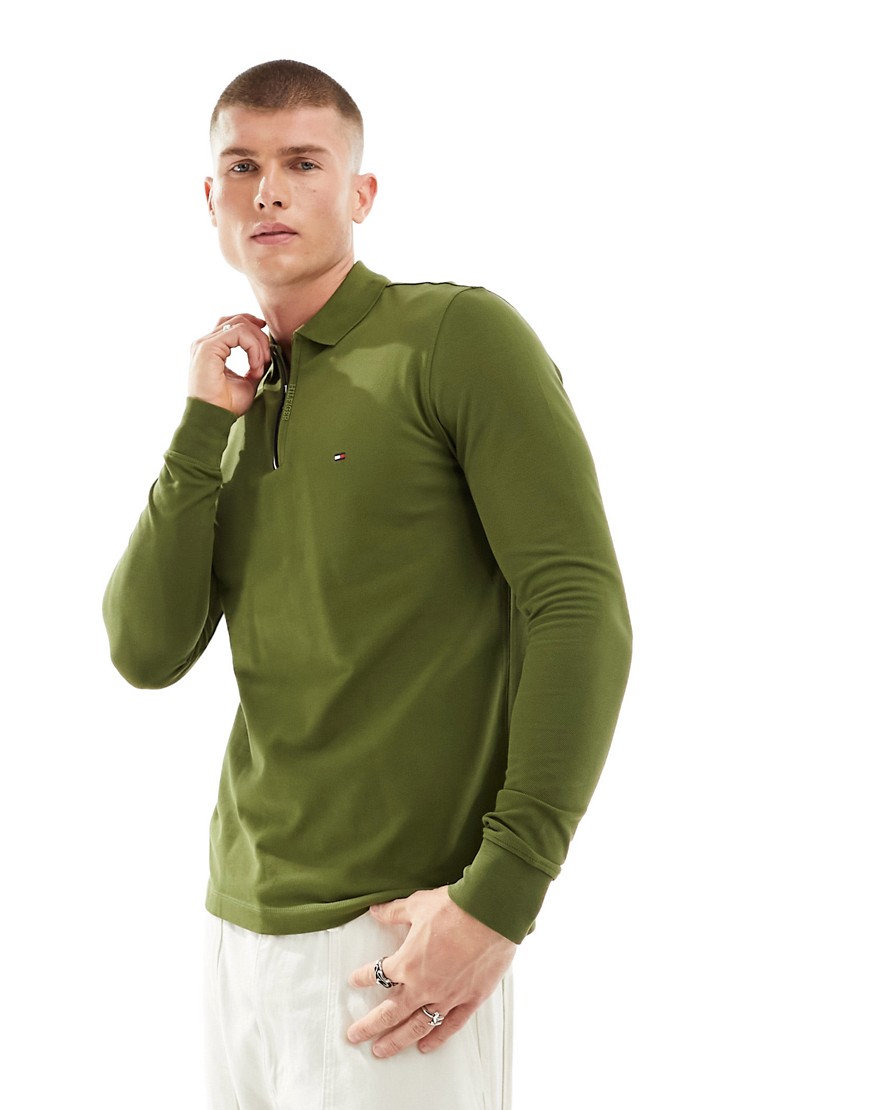 Tommy Hilfiger zip tipped long sleeve slim polo in putting green