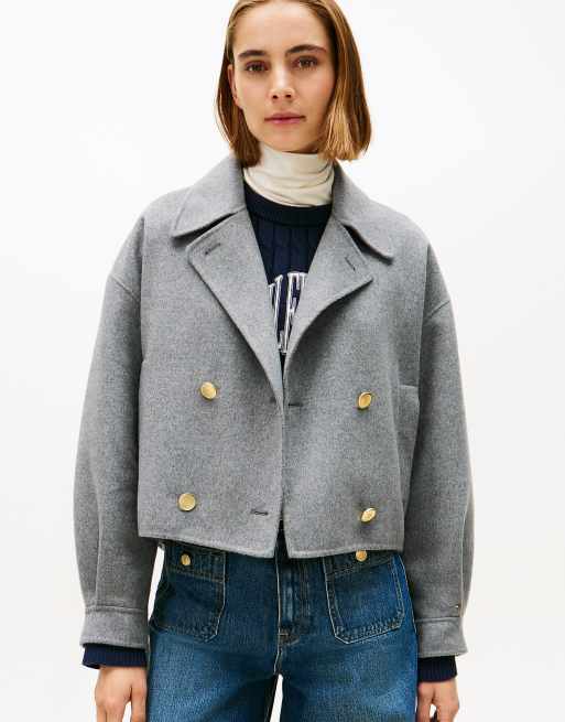 Tommy Hilfiger – Zweireihige Cabanjacke aus Wollmix in Hellgrau