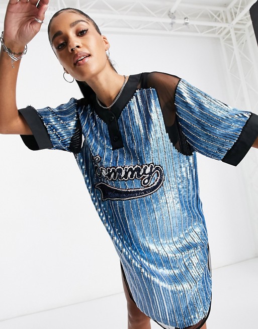 Tommy Hilger collections sequined logo baseball shirt dress