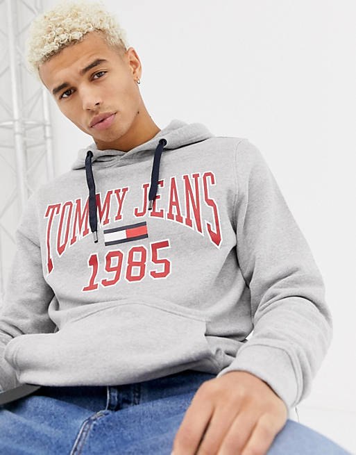 Tommy Jeans 1985 logo print hoodie in gray marl