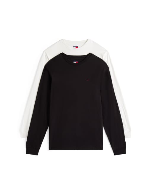 Tommy Jeans 2-pack long sleeve slim fit flag logo t-shirts in black and white
