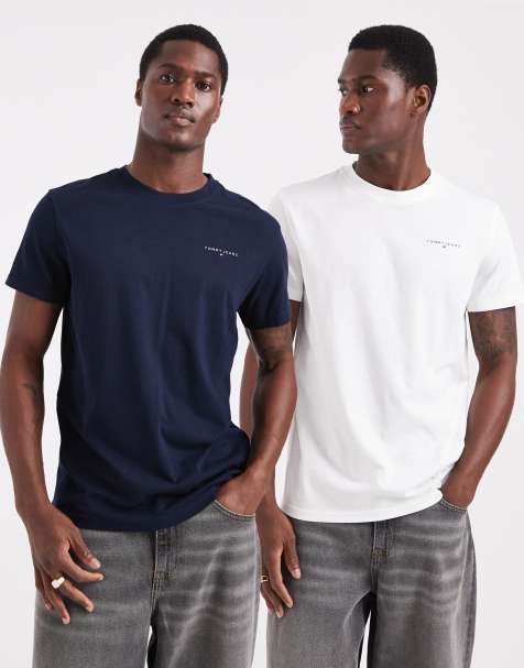 Tommy Jeans 2 pack of slim linear chest logo t-shirts in navy and ecru - view 1