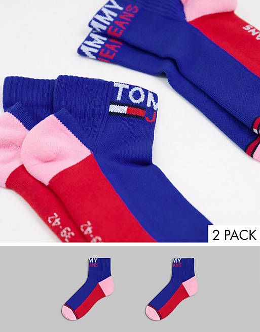 Tommy Jeans 2 pack quarter trainer sports sock in navy red and white