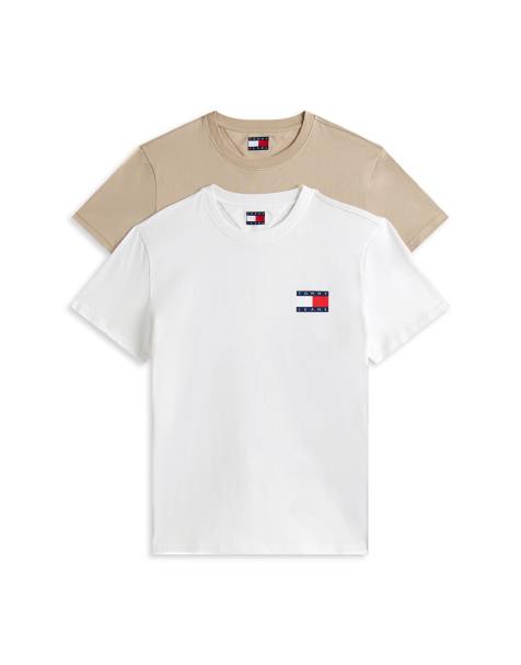 Tommy Jeans 2-pack slim fit flag logo t-shirts in beige and white - view 1