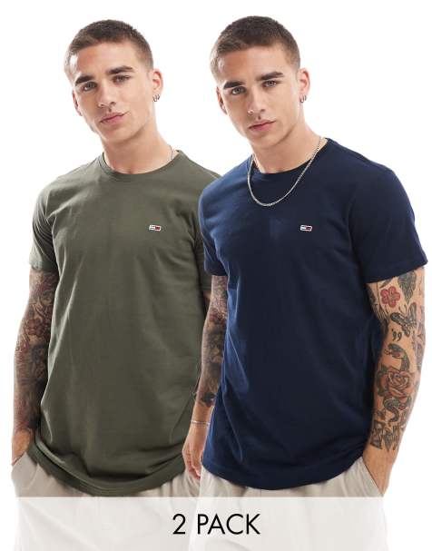 Tommy Jeans 2 pack slim flag logo t-shirts in dark khaki and navy - view 1