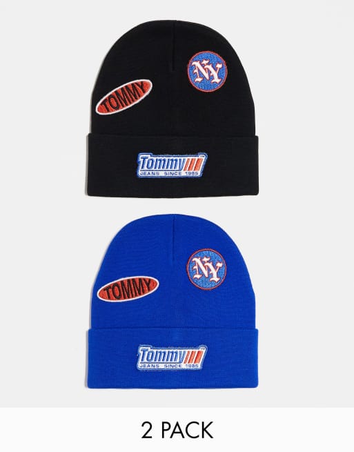 Tommy Jeans – 2er-Geschenkset aus Sport-Strickmützen in Schwarz und Blau