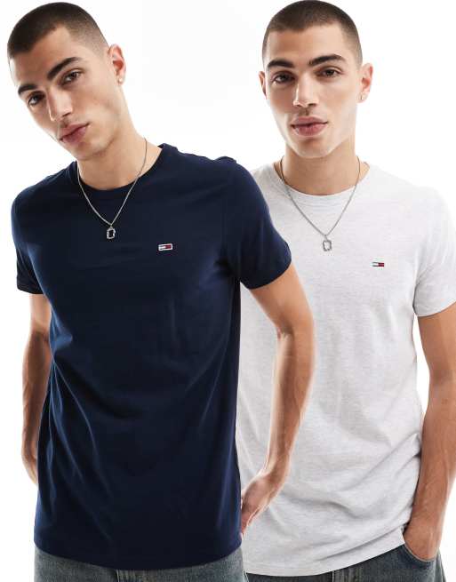 Tommy Jeans – 2er-Pack schmale T-Shirts in Grau und Marineblau mit Flaggenlogo