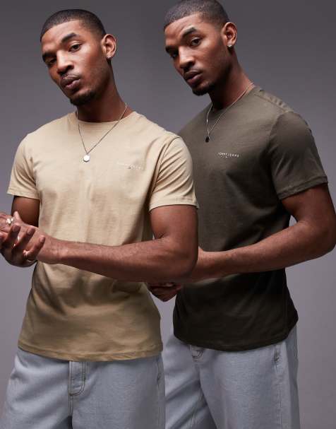 Tommy Jeans – 2er-Pack T-Shirts in Khaki und Beige mit linearem Logo - view 1