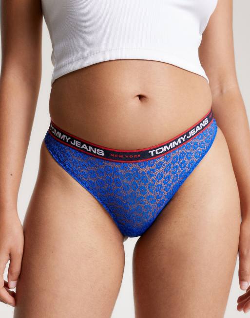 Tommy Jeans 3 pack lace thongs with logo waistband in Ultra Blue