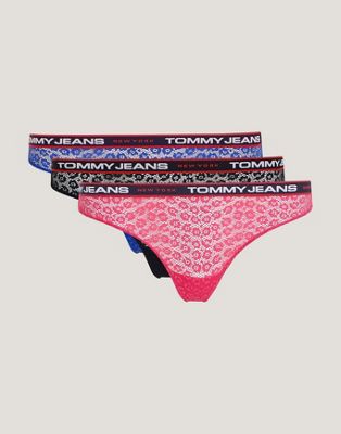 Tommy Jeans 3 pack lace thongs with logo waistband in Ultra Blue - ASOS Price Checker