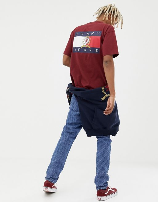 Tommy Jeans 6.0 limited capsule crew neck t shirt with back print crest flag in burgundy