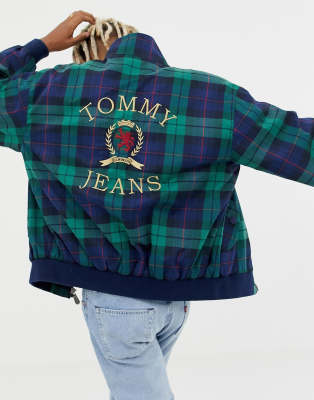 tommy jeans plaid crest logo hoodie