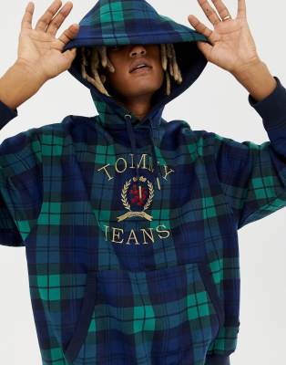 tommy jeans plaid crest logo hoodie