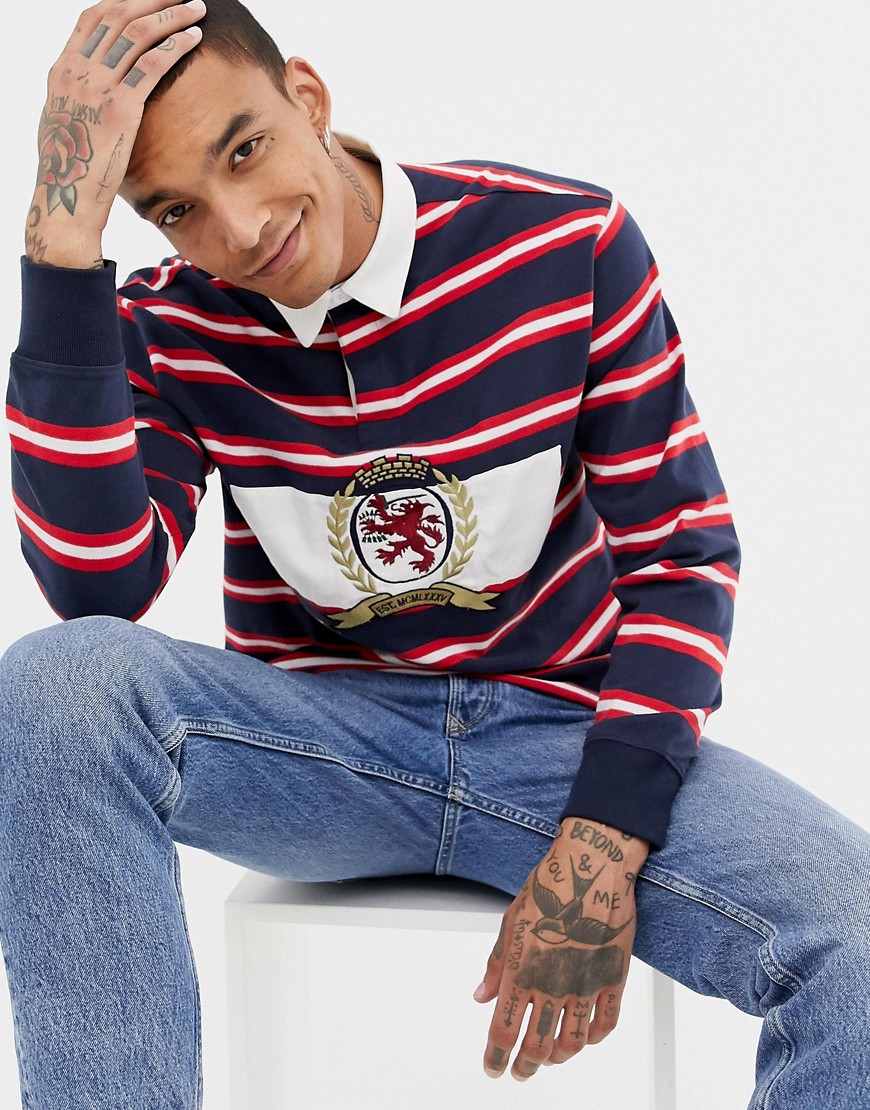 Tommy Jeans - 6.0 Limited Capsule - Polo stile rugby blu navy/rosso/bianco a righe con stemma grande del logo