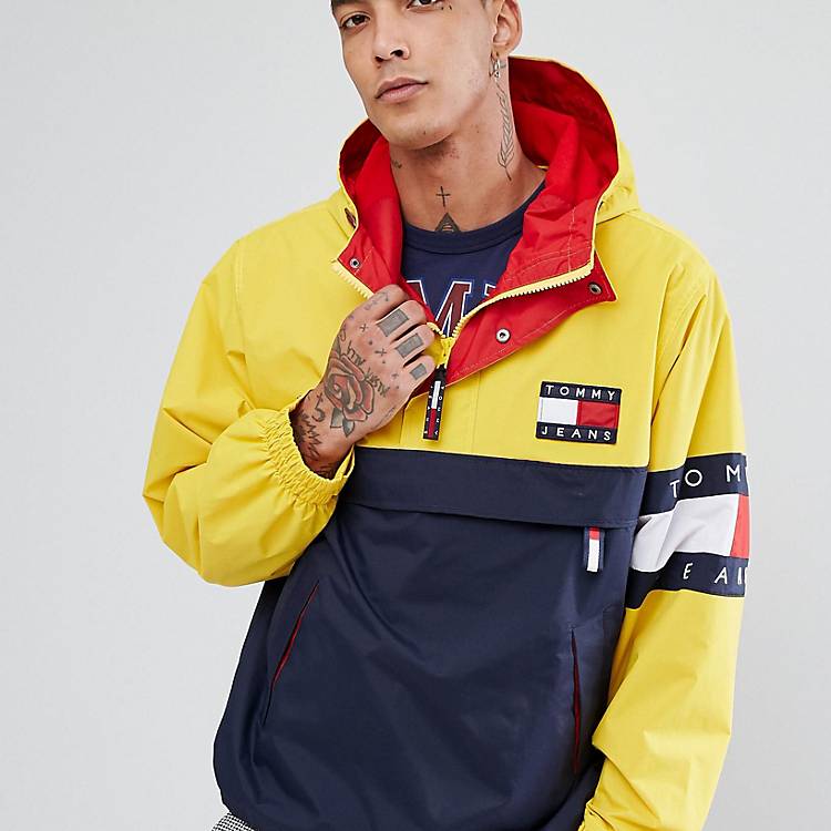 Tommy Jeans 90's Capsule Overhead Jacket Color Block in Navy/Yellow