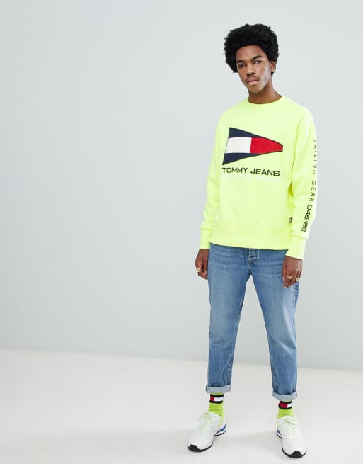 Tommy Jeans 90s Sailing Capsule Sweat shirt ras de cou avec logo drapeau Jaune fluo