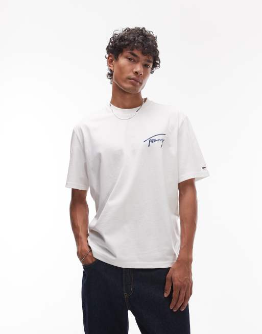 【 】Jeans signature central logo Tシャツ ♪ Tommy Jeans 90s signature T-shirt in white | ASOS