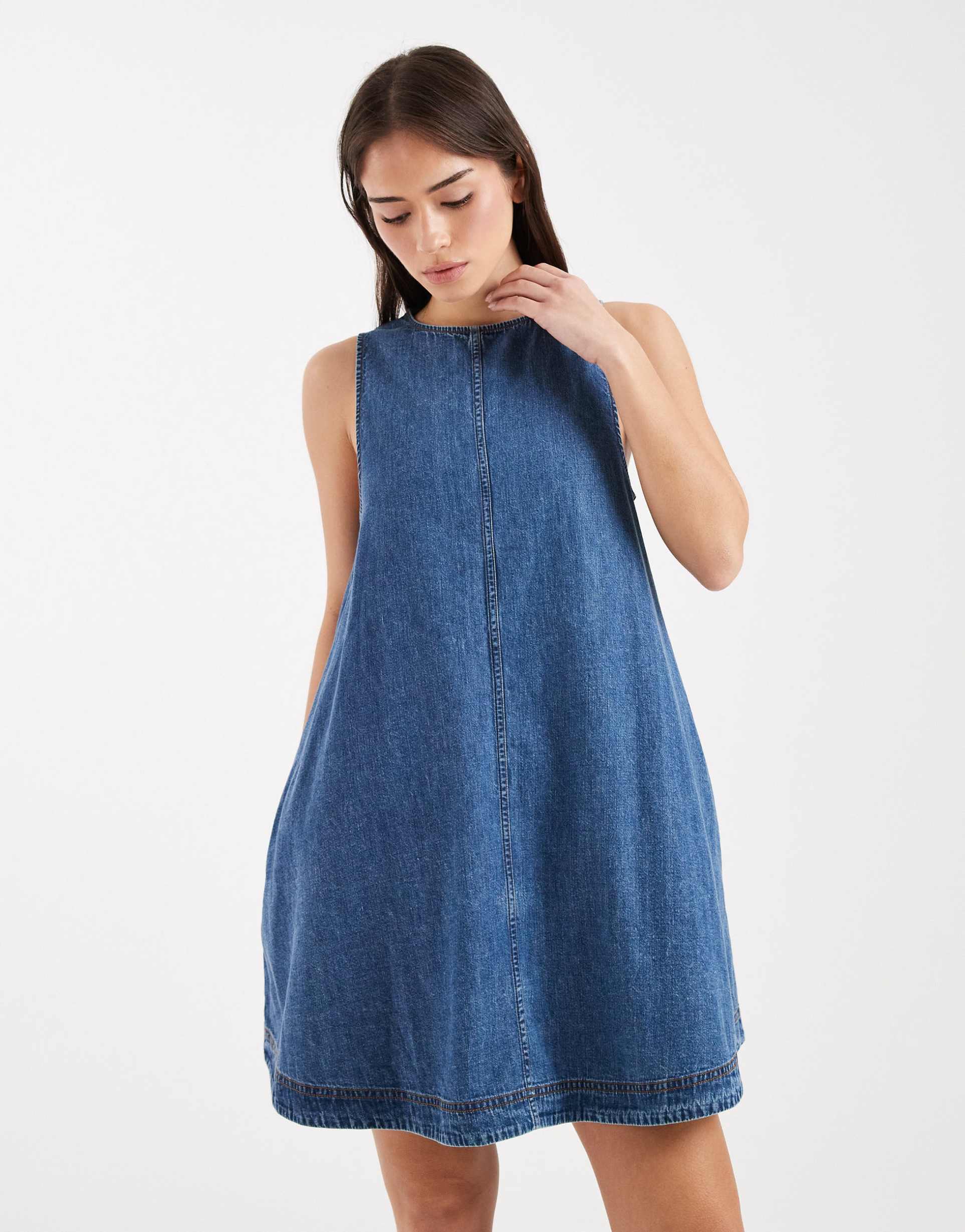 tommy jeans a-line chambray mini dress in mid wash blue