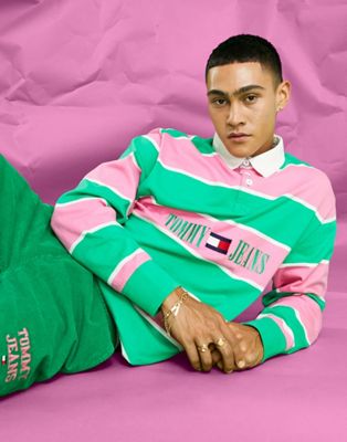 Tommy Jeans acid capsule cotton stripe rugby in pink/green