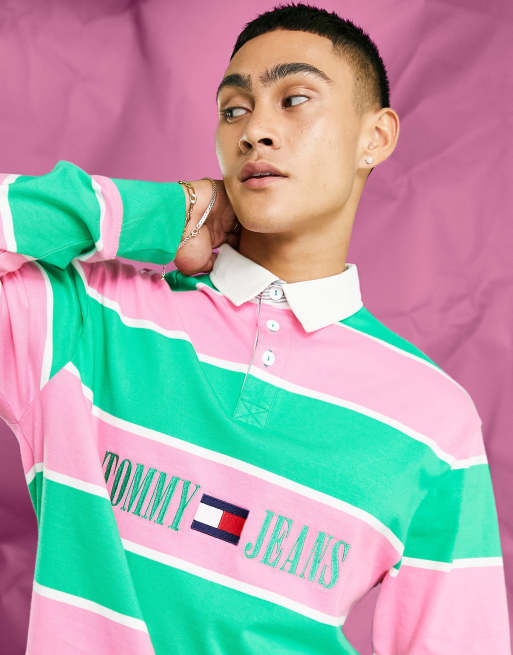 Tommy Jeans – Acid Capsule – Gestreiftes Rugby-Polohemd aus Baumwolle in Rosa/Grün , 2 von 4