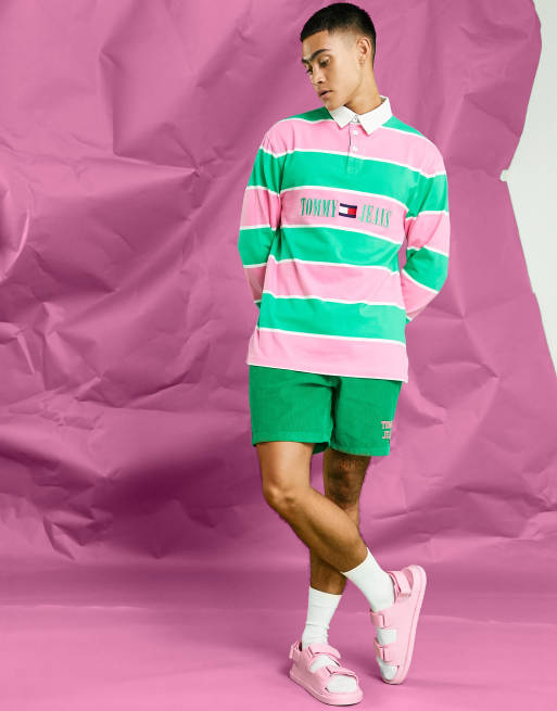 Tommy Jeans – Acid Capsule – Gestreiftes Rugby-Polohemd aus Baumwolle in Rosa/Grün , 4 von 4