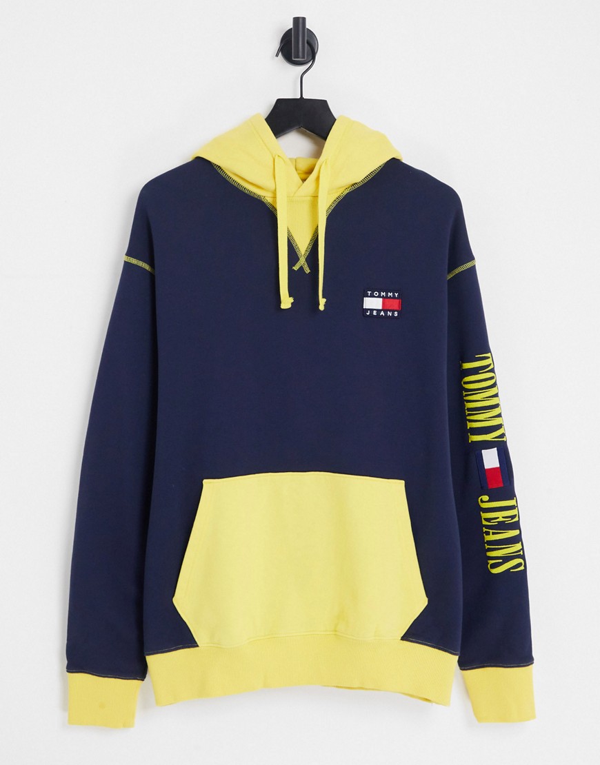 Tommy Jeans acid capsule organic cotton blend color block hoodie in blue/yellow-Navy