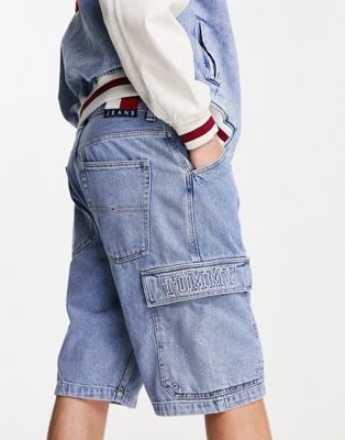 Tommy Jeans Aiden baggy cargo shorts in mid wash denim
