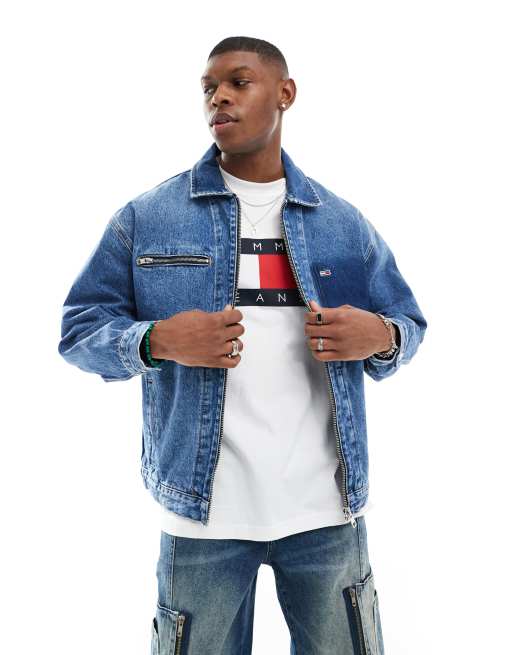 Tommy Jeans – Aiden – Mellanblå jeansjacka i oversize med dragkedja