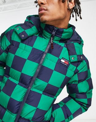 Tommy Jeans alaska checkerboard print puffer jacket in green with detachable hood in multi