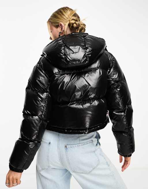 Shiny cropped outlet puffer jacket black