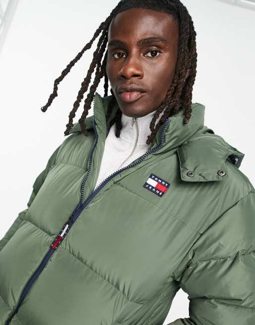 Tommy Jeans Alaska flag logo detachable hood down puffer jacket in green