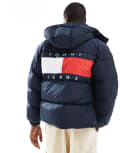[Tommy Jeans] Tommy Jeans Alaska puffer jacket with back flag graphic in navy M Dark Night Navy