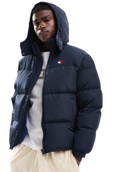 Tommy Jeans alaska puffer jacket with back flag graphic in navy ASOS