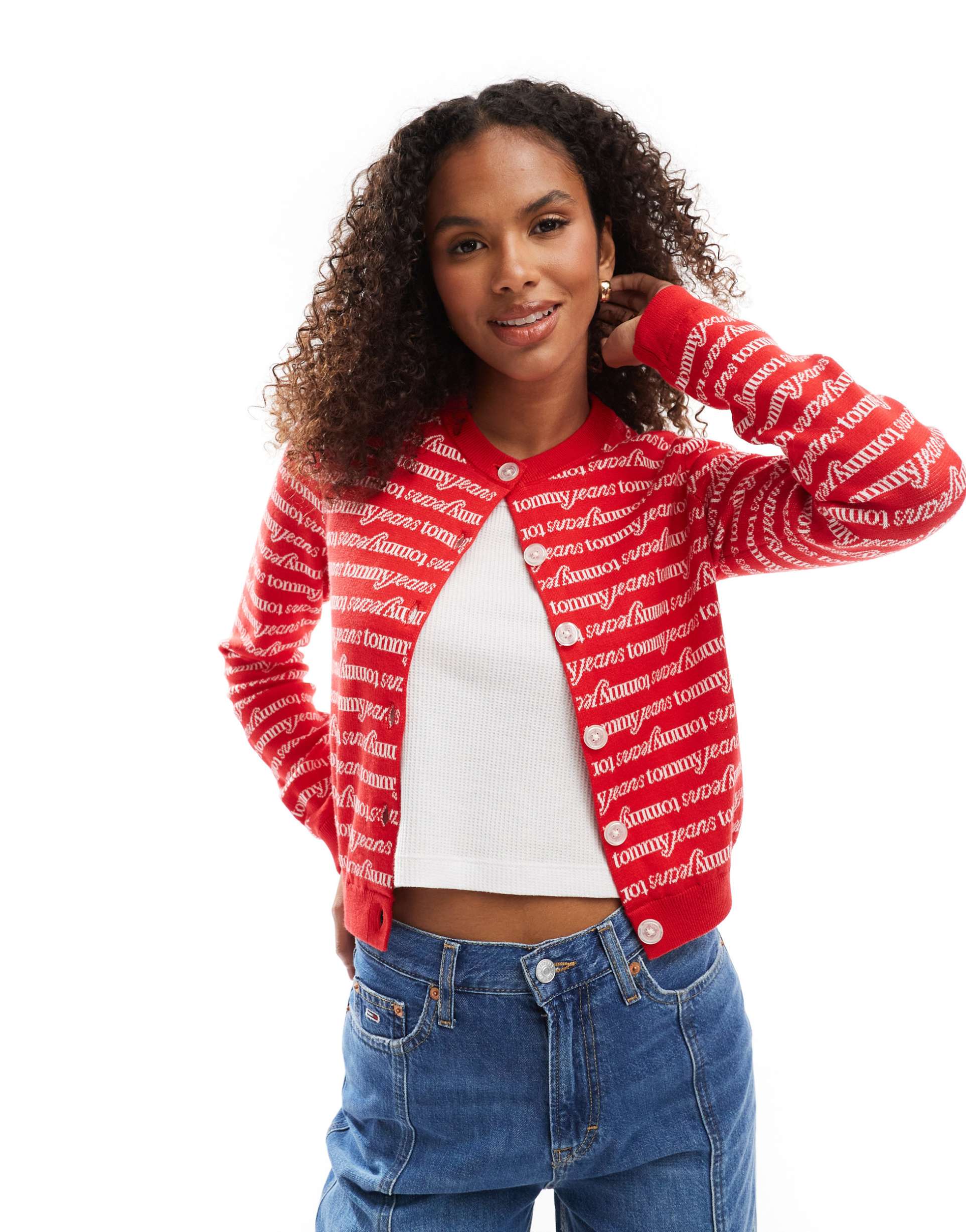 tommy jeans all-over logo cardigan in red