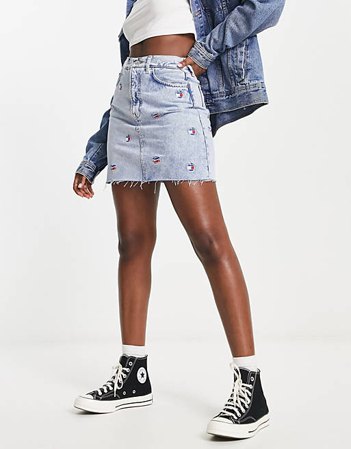 Tommy Jeans all over logo denim mini skirt in light wash | ASOS