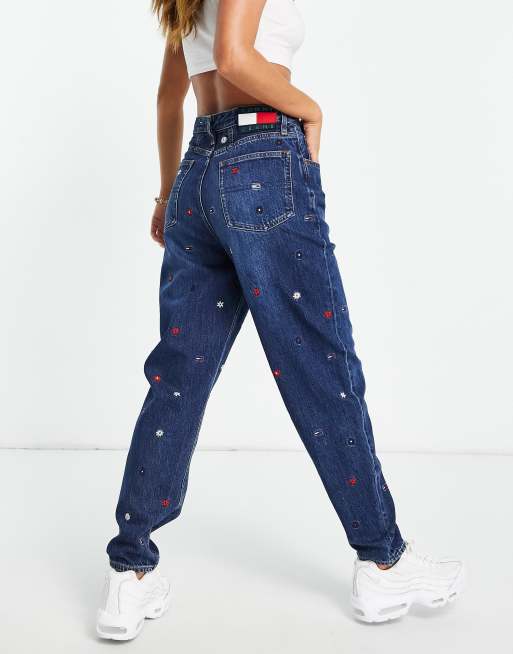 Tommy Jeans all over logo mom jeans in indigo