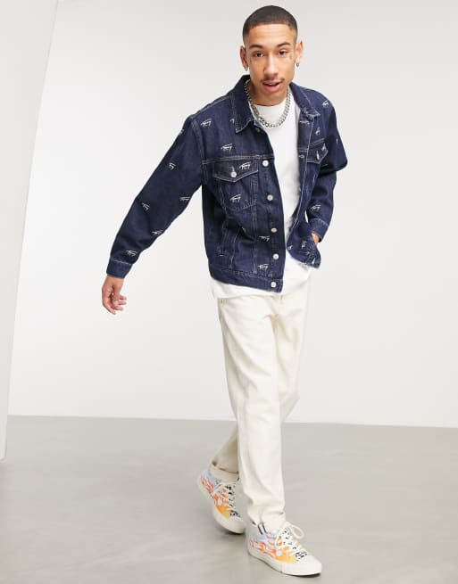 Tommy Jeans all over logo oversize denim trucker jacket in dark indigo