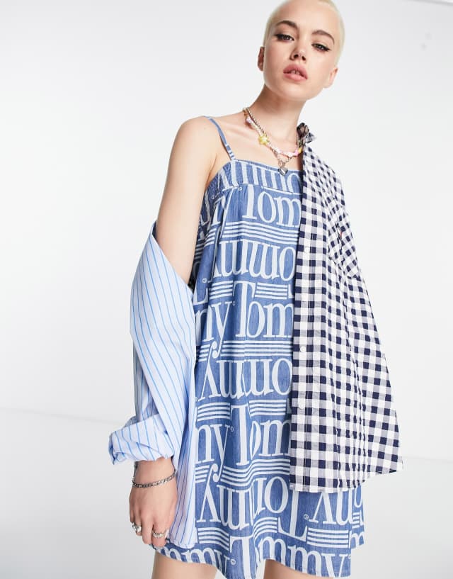 Tommy Jeans all over logo smock dress in blue