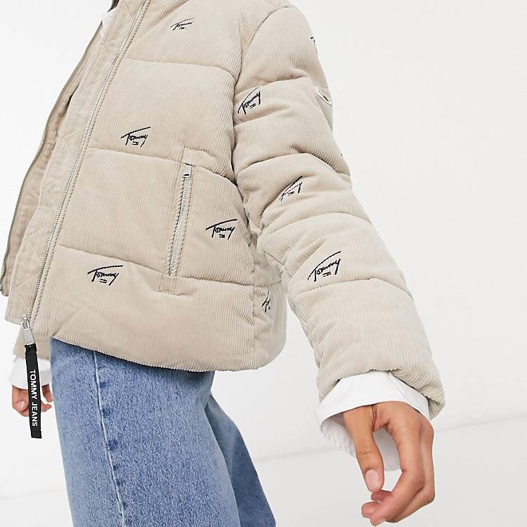 Tommy Jeans all over signature logo cord puffer in beige | ASOS