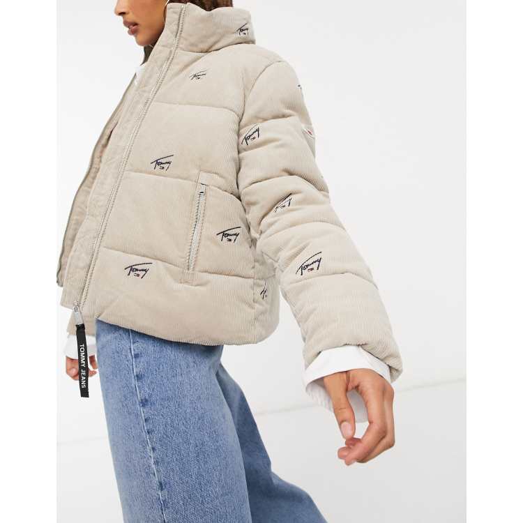 Tommy Jeans all over signature logo cord puffer in beige | ASOS