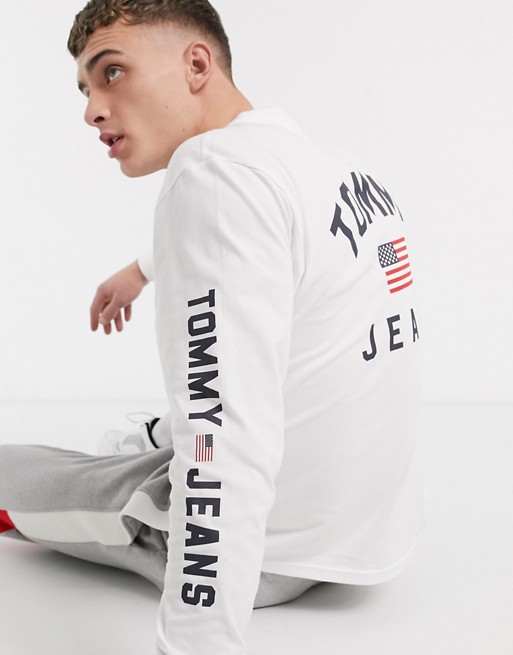 Tommy Jeans americana long sleeve top in white with flag logo and sleeve detail