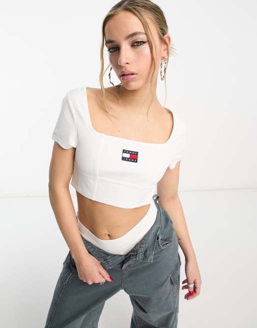 Tommy Jeans – Archive – Biały top z dekoltem karo z logo 