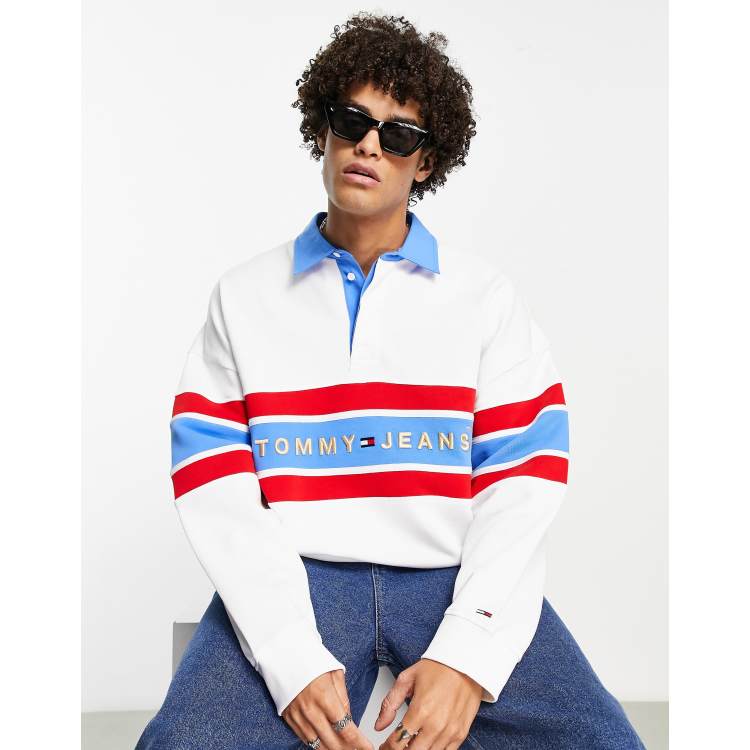 Tommy Jeans archive collegiate logo rugby polo shirt in white