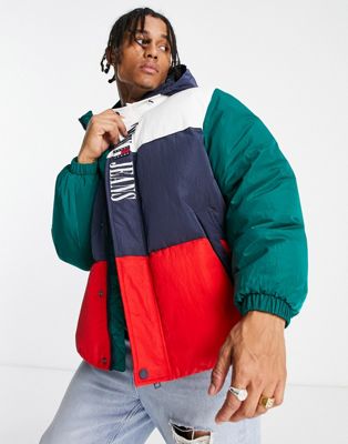 Tommy Jeans archive colourblock hooded puffer jacket in white/multi