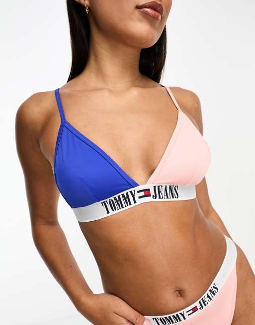 Tommy Jeans archive colourblock triangle bikini top in ultra blue and pink