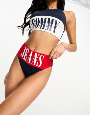 Tommy Jeans Archive High Waist Cheeky Bikini Bottom In Navy And Red multi