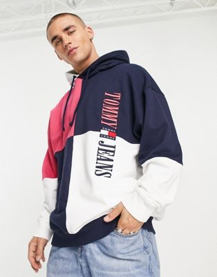 Tommy Jeans archive logo colourblock hoodie skater fit in navy